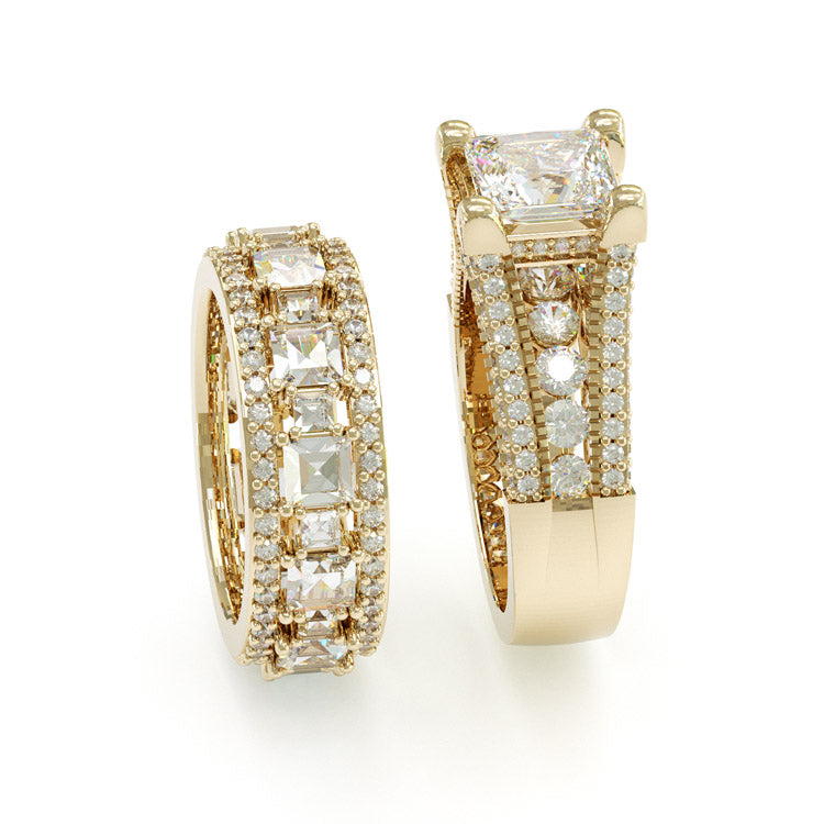 Jzora handmade Gold Princess Cut Sterling Silver Wedding 2pcs Ring Bridal Set