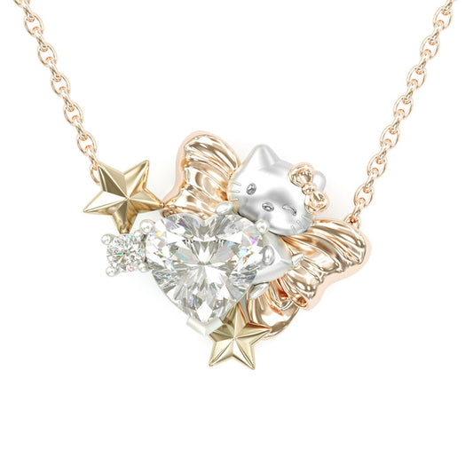 Jzora handmade cute 2ct heart shape hello kitty sterling silver necklace