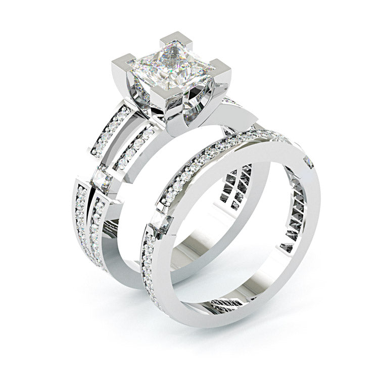 Jzora handmade 2.5ct princess cut moissanite modern sterling silver ring set