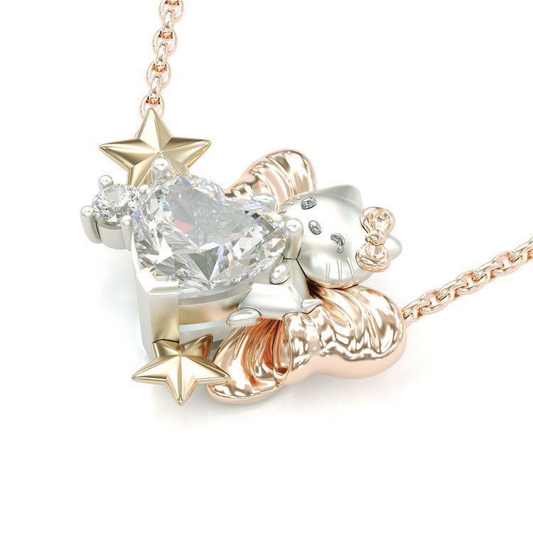 Jzora handmade cute 2ct heart shape hello kitty sterling silver necklace