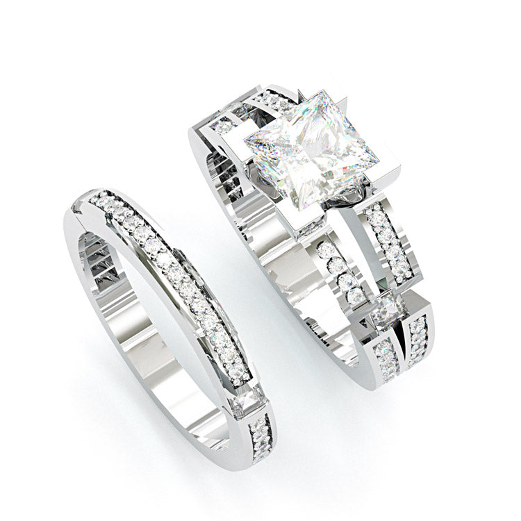 Jzora handmade 2.5ct princess cut moissanite modern sterling silver ring set