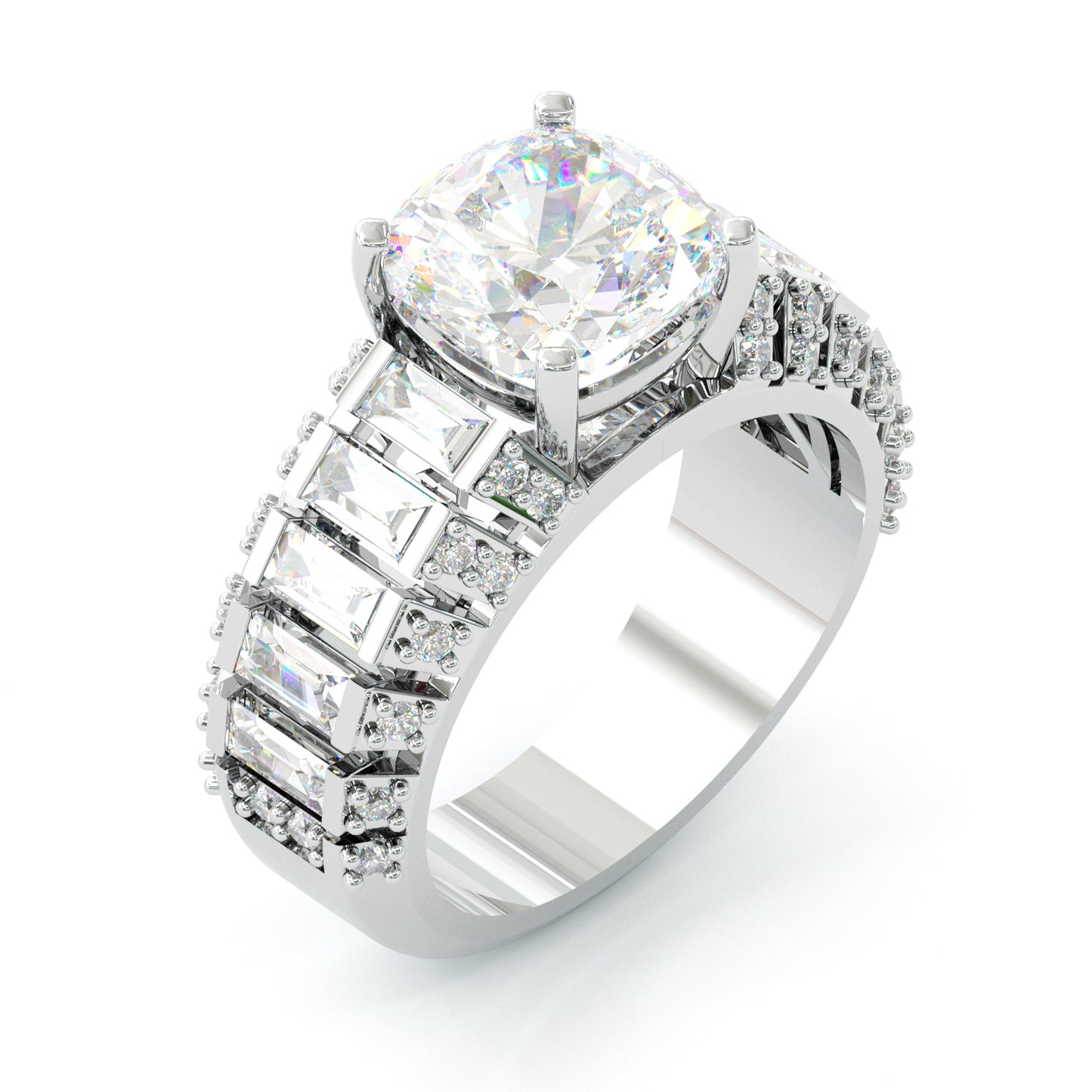 Jzora Handmade Luxury 5CT Cushion Cut & Baguette Cut Full Pave Brilliant Ring