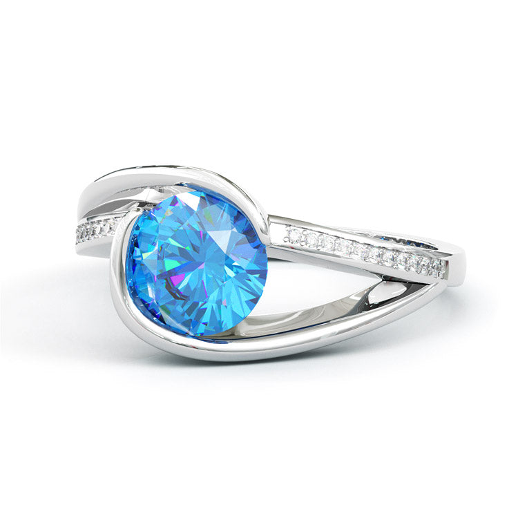 Jzora handmade 3ct blue topaz round cut unique sterling silver ring