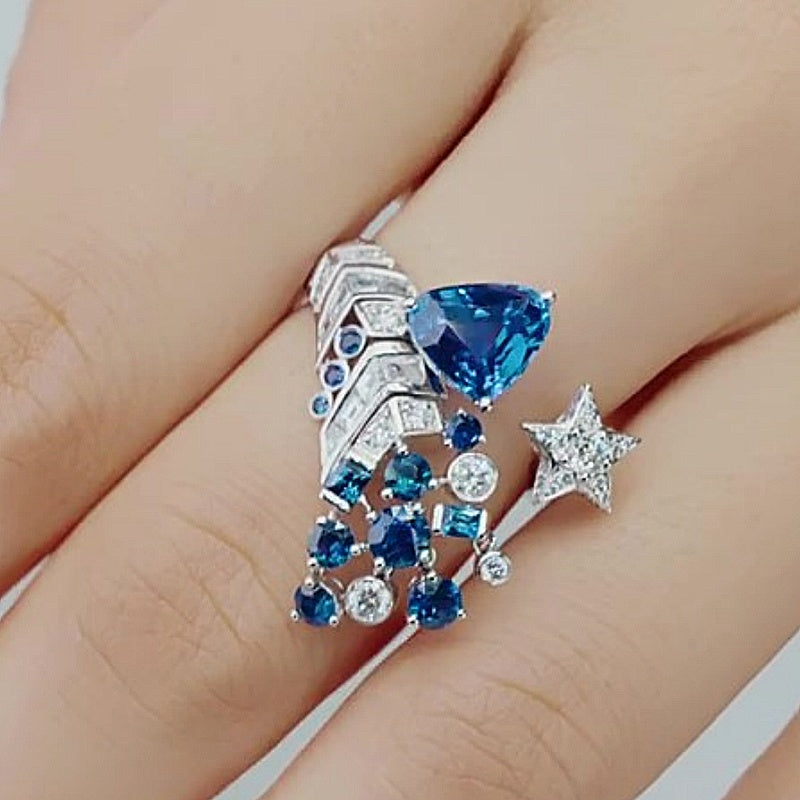 Jzora Handmade 2.03CT Celestial Comet Sapphire Meteor Ring