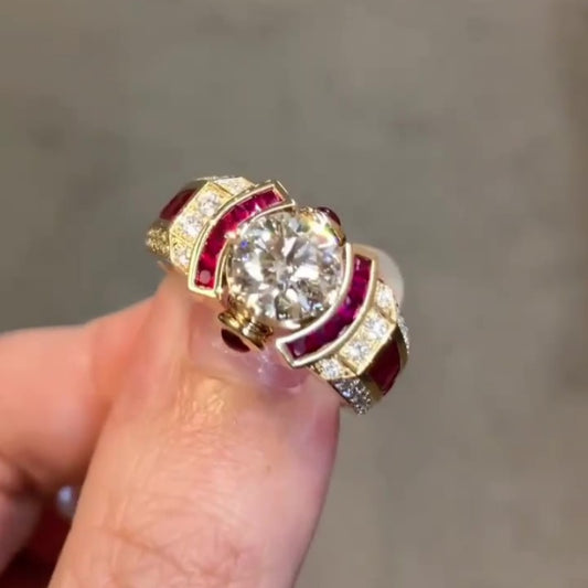 Jzora handmade classic yet bold round cut ruby halo men's ring