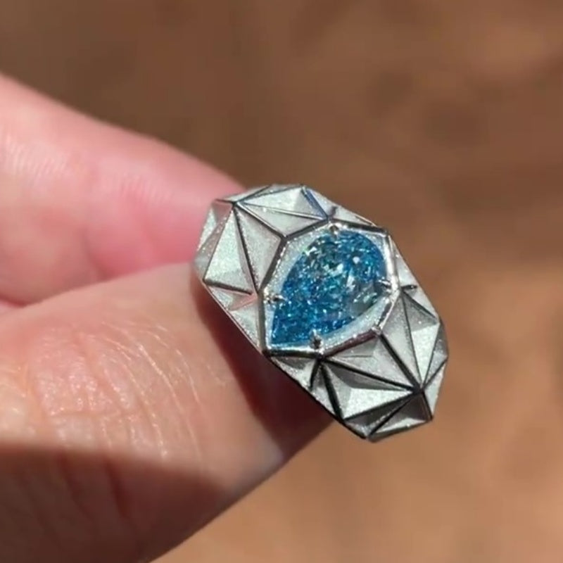 Jzora handmade pear-shaped aqua blue architectural style men’s ring