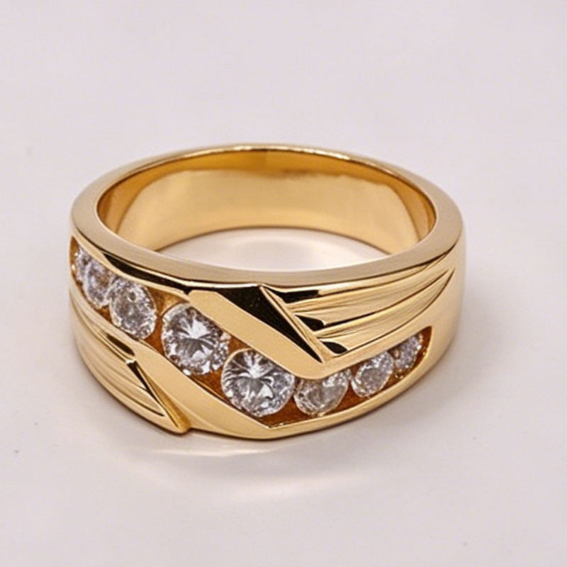 Jzora Handmade Polished Gold Tone Angled Groove Round Moissanite Men’s Ring