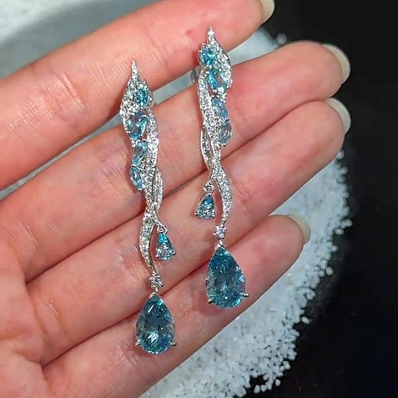 Jzora handmade elegant aqua blue cascading & twisting tassel drop earrings