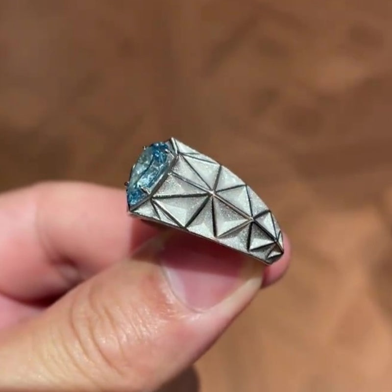 Jzora handmade pear-shaped aqua blue architectural style men’s ring