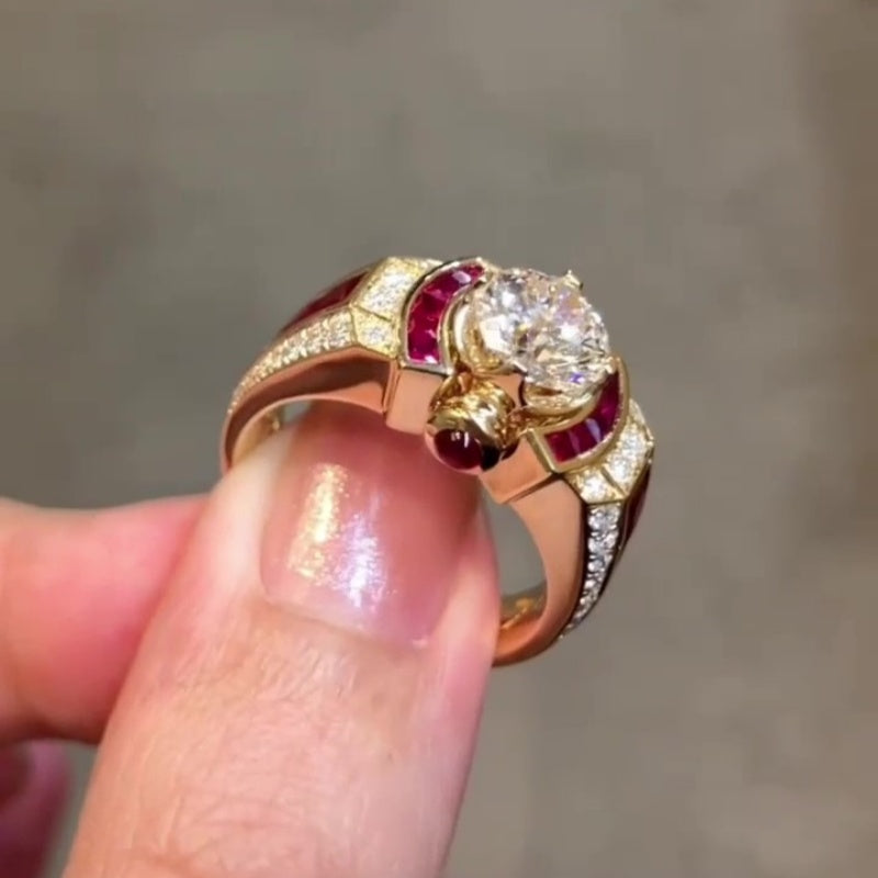 Jzora handmade classic yet bold round cut ruby halo men's ring