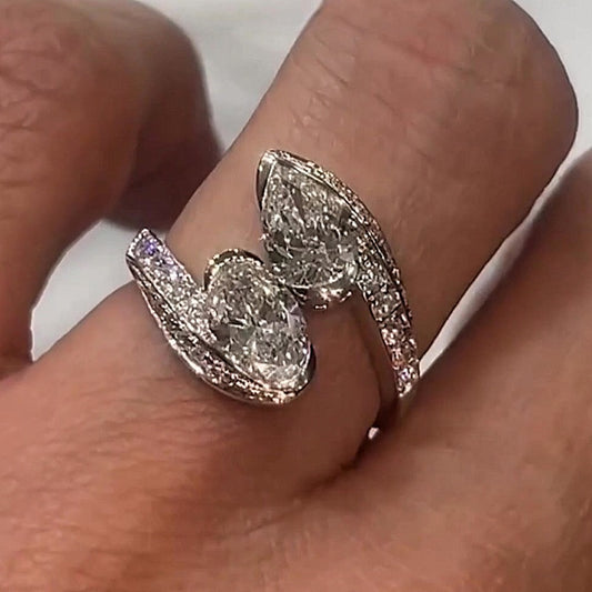 Jzora handmade pear & oval dual-cut elegant and chic sterling silver ring