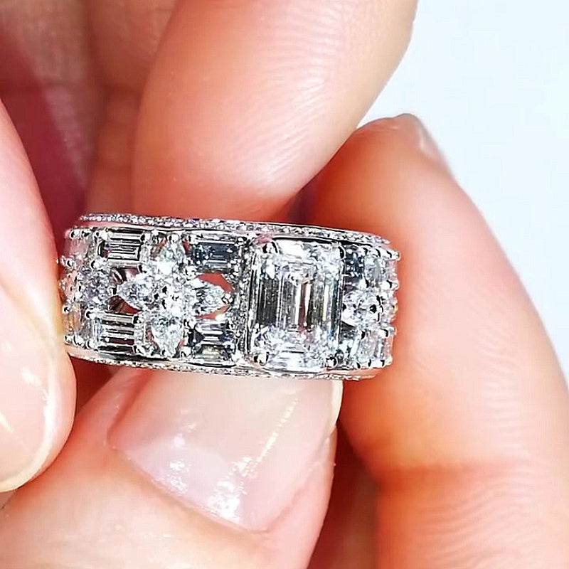 Jzora Handmade Emerald Cut Floral Side Details Wide Band Ring