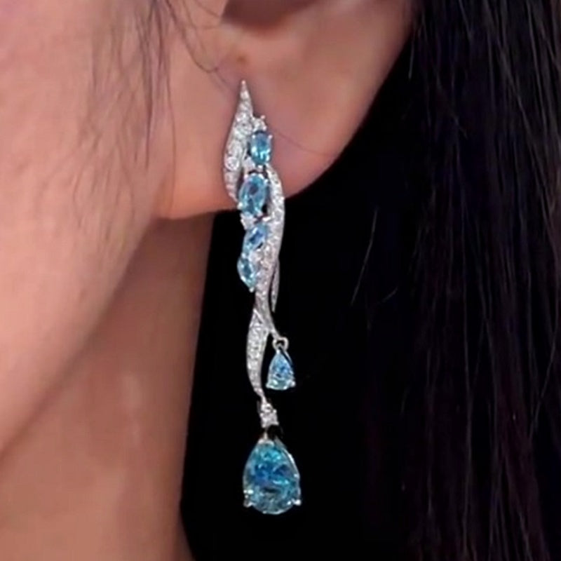 Jzora handmade elegant aqua blue cascading & twisting tassel drop earrings