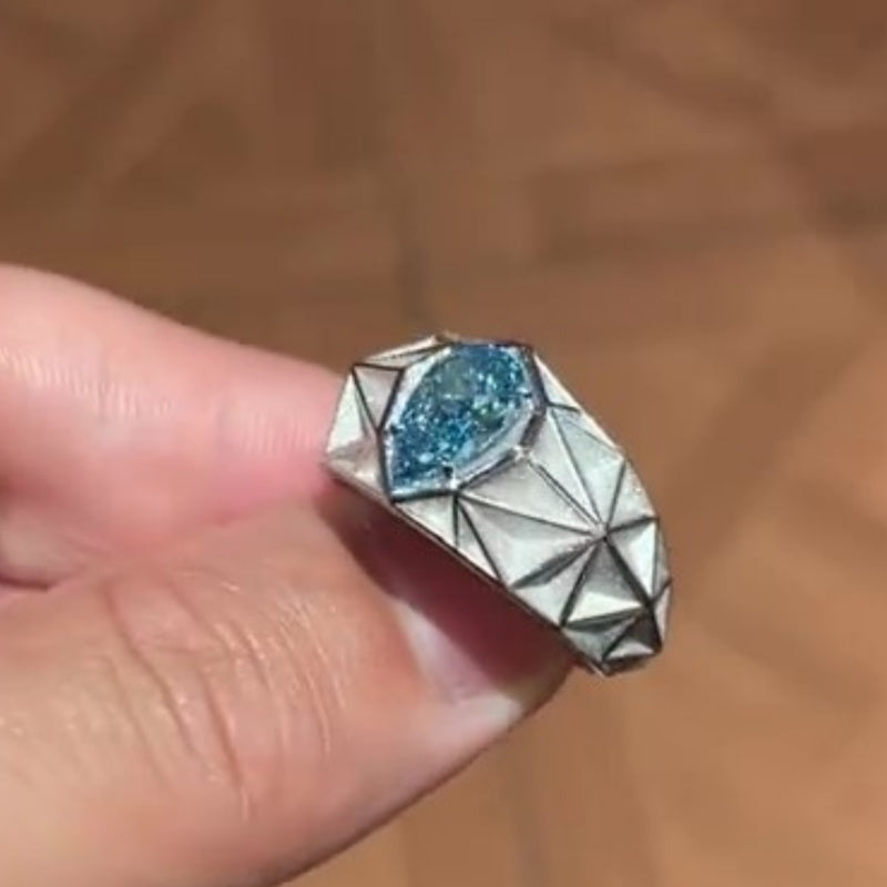 Jzora handmade pear-shaped aqua blue architectural style men’s ring