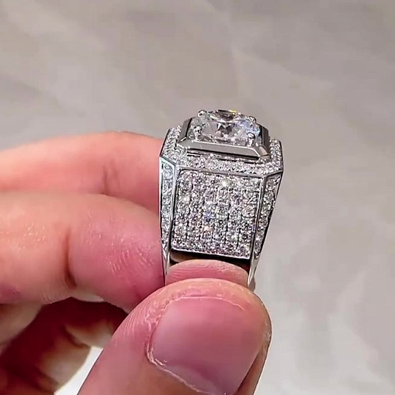 Jzora handmade luxury round brilliant cut fully paved halo sparkle wide band men's ring