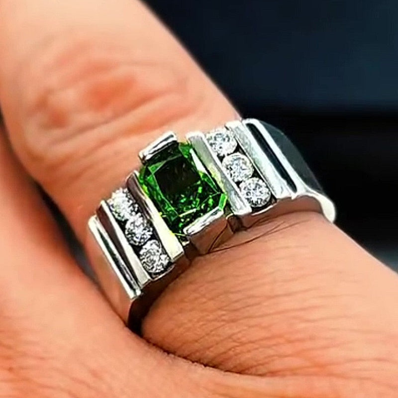 Jzora Handmade Bold Radiant-Cut Green CZ with Side Round CZ Grooved Men’s Ring