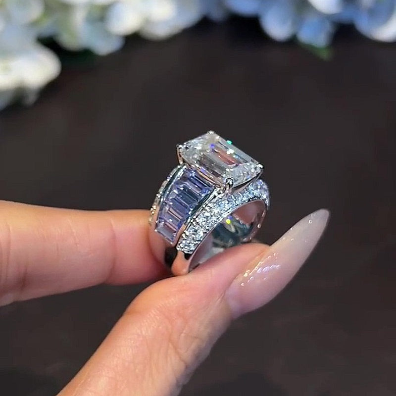 Jzora Handmade Bold 7CT Emerald Cut CZ with Baguette Blue Sapphire Accent Men’s Ring