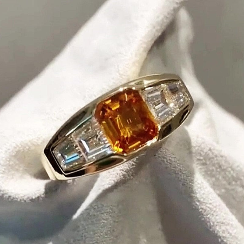 Jzora Handmade Synthetic Yellow Corundum Channel Set Chunky Wide Men’s Ring