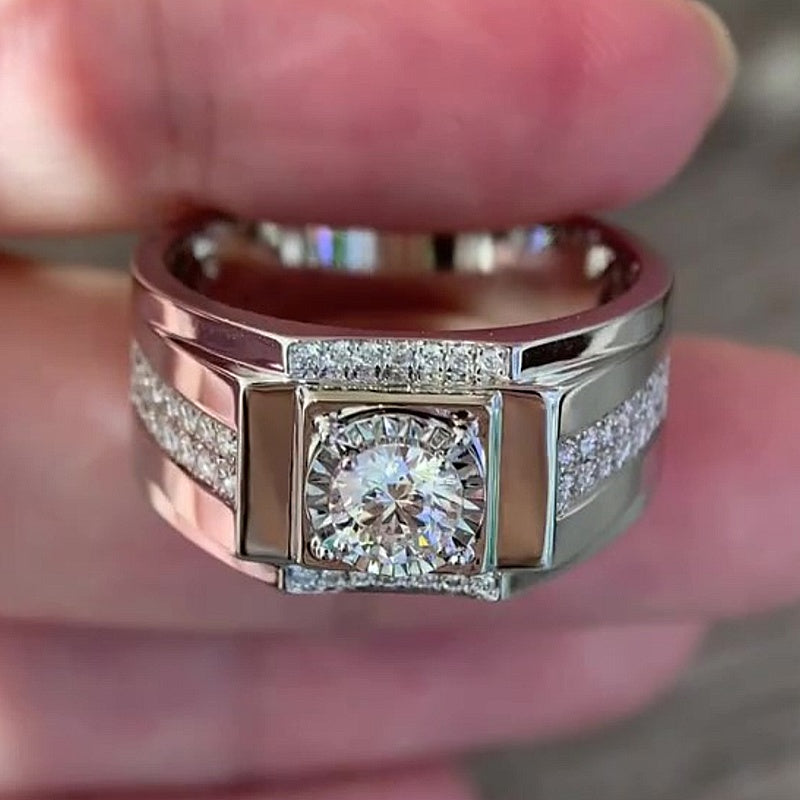 Jzora Handmade Round Moissanite Square Frame Multi Pave Men’s Wedding Ring