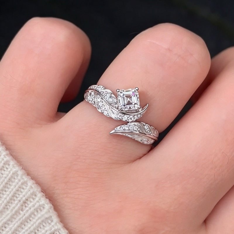 Jzora Handmade Asscher Cut Moissanite Sculpted Feather Pave Engagement Ring