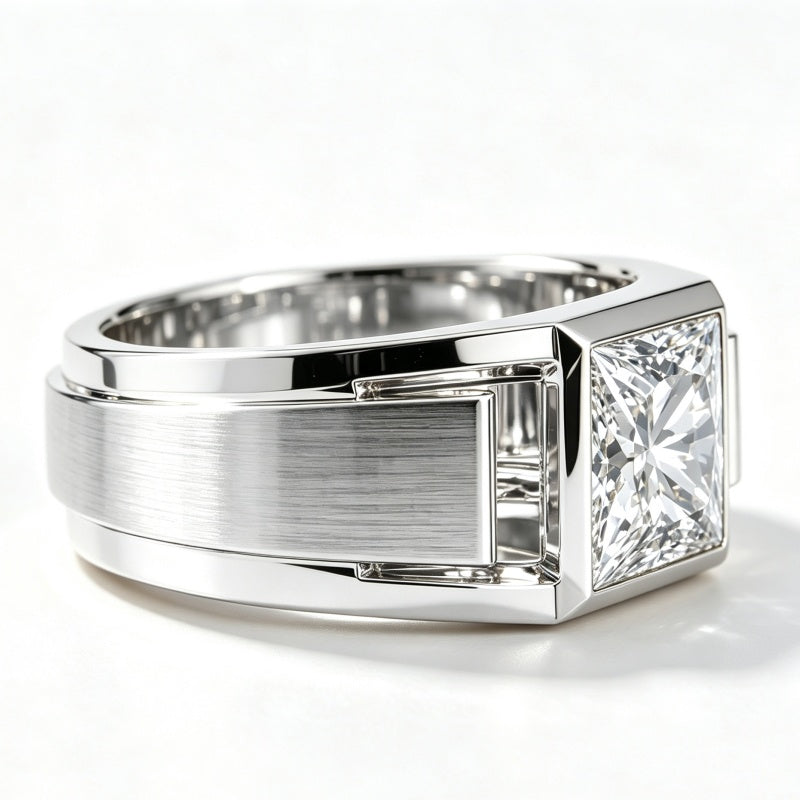 Jzora Handmade Princess Cut White Moissanite Men's Wide Band Geometric Ring