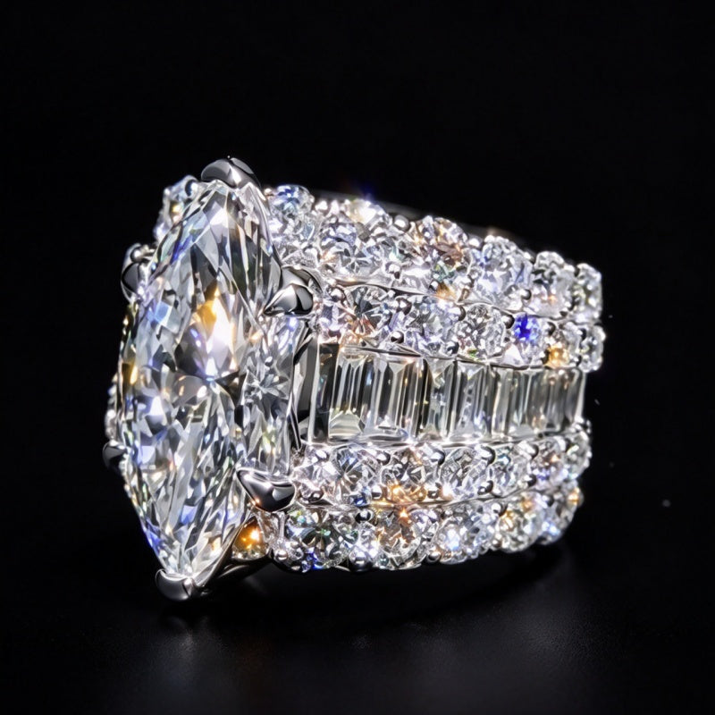 Jzora Handmade Marquise‑Cut Center Stone Three‑Row Pavé Wide Luxury Ring