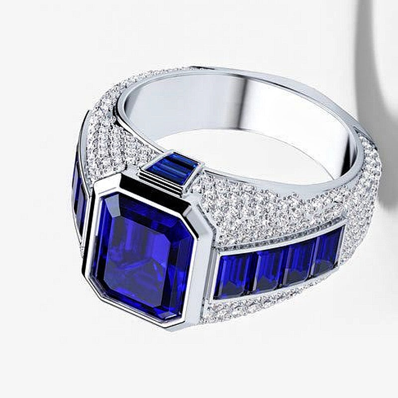 Jzora handmade royal blue emerald cut halo pavé side stones men’s ring