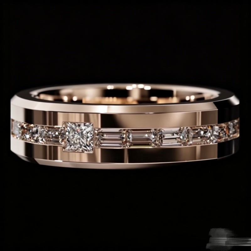 Jzora Handmade Rose‑Gold Channel‑Set Princess & Baguette Cut Moissanite Men’s Band Ring