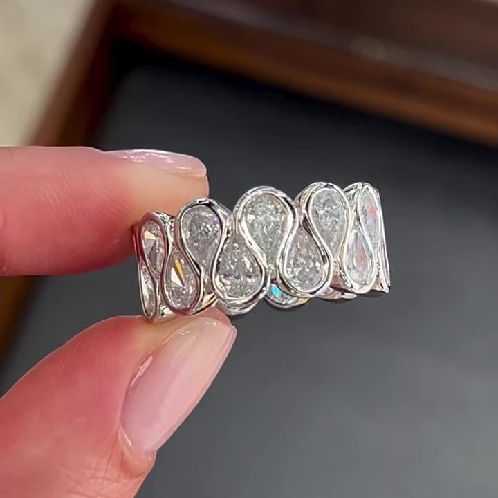 Jzora handmade pear cut sparkling wide band sterling silver ring
