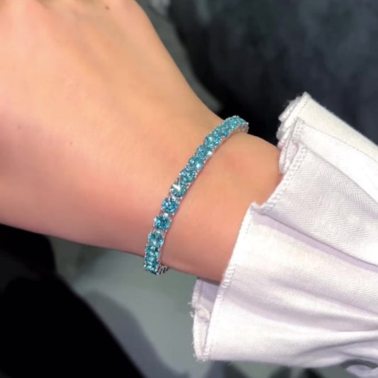 Jzora handmade aqua blue round cut chic tennis sterling silver bracelet