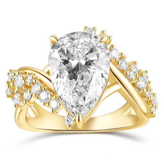 Jzora handmade 2.5ct pear cut halo gold-tone sterling silver engagement promise ring