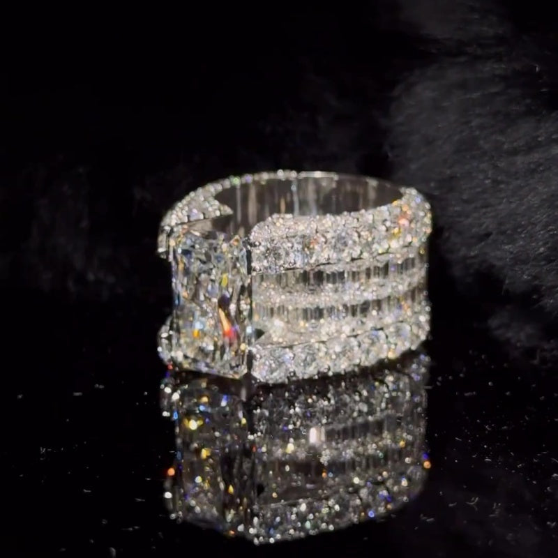 Jzora handmade dazzling glam empire radiant cut iced out wide band ring