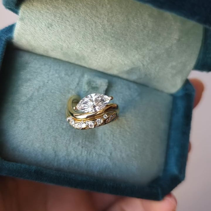 Jzora handmade gold marquise cut 2pcs sterling silver ring set