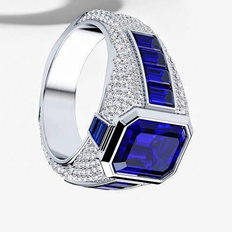Jzora handmade royal blue emerald cut halo pavé side stones men’s ring