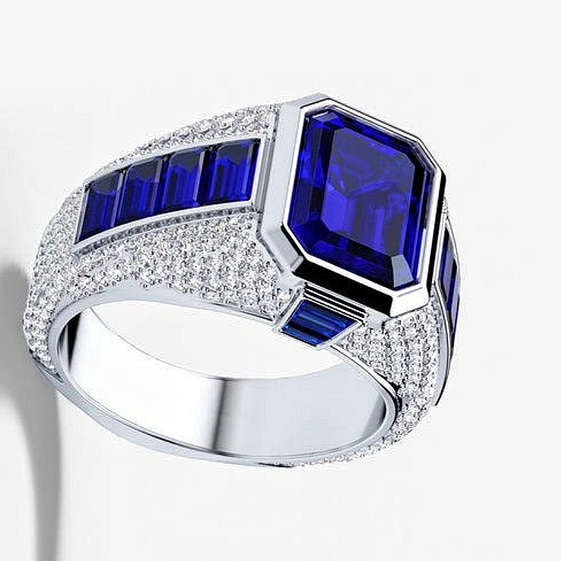 Jzora handmade royal blue emerald cut halo pavé side stones men’s ring