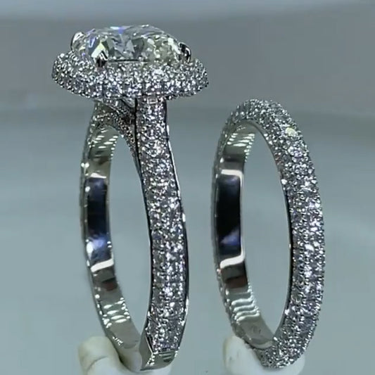 Jzora Handmade Princess Cut Sterling Silver Wedding Ring  Bridal Set