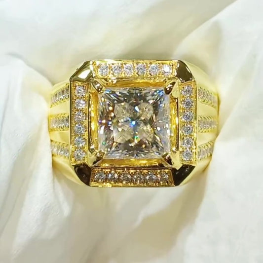 Jzora handmade luxury gold-tone princess cut halo sparkle wide band men's ring