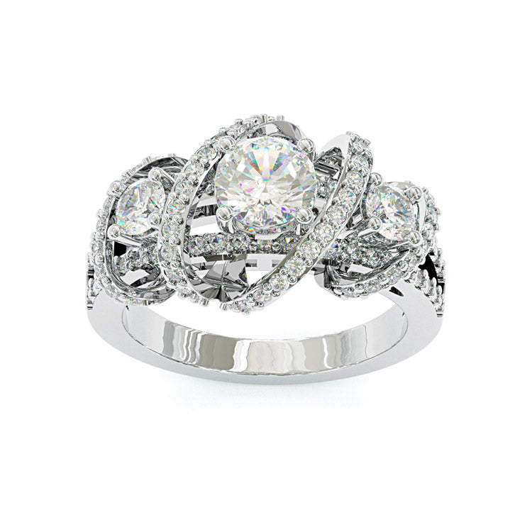 Jzora handmade round cut triple-stone crisscross pavé halo moissanite sterling silver ring