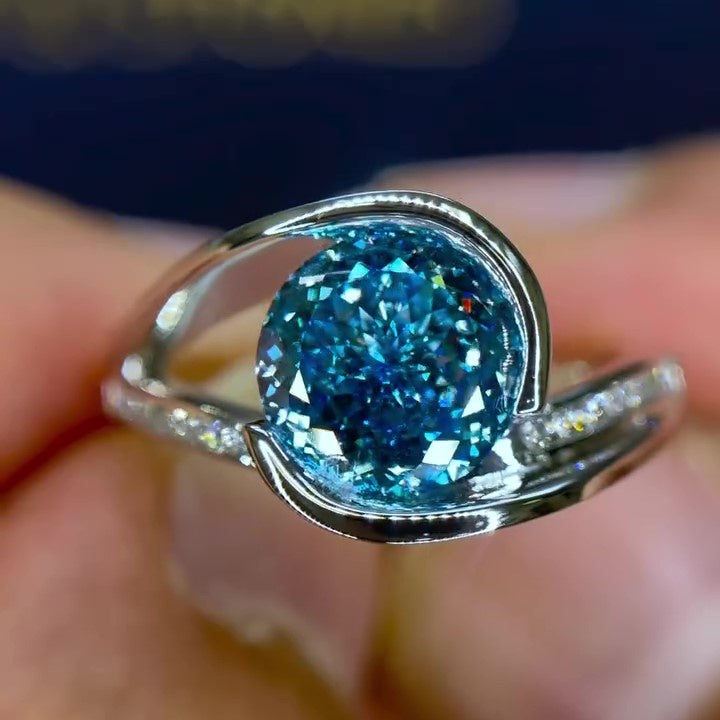 Jzora handmade 3ct blue topaz round cut unique sterling silver ring
