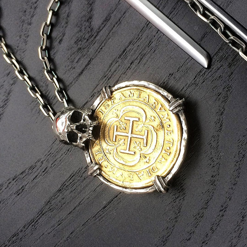 Jzora handmade gothic skull & medieval gold coin pendant vintage cross insignia design necklace