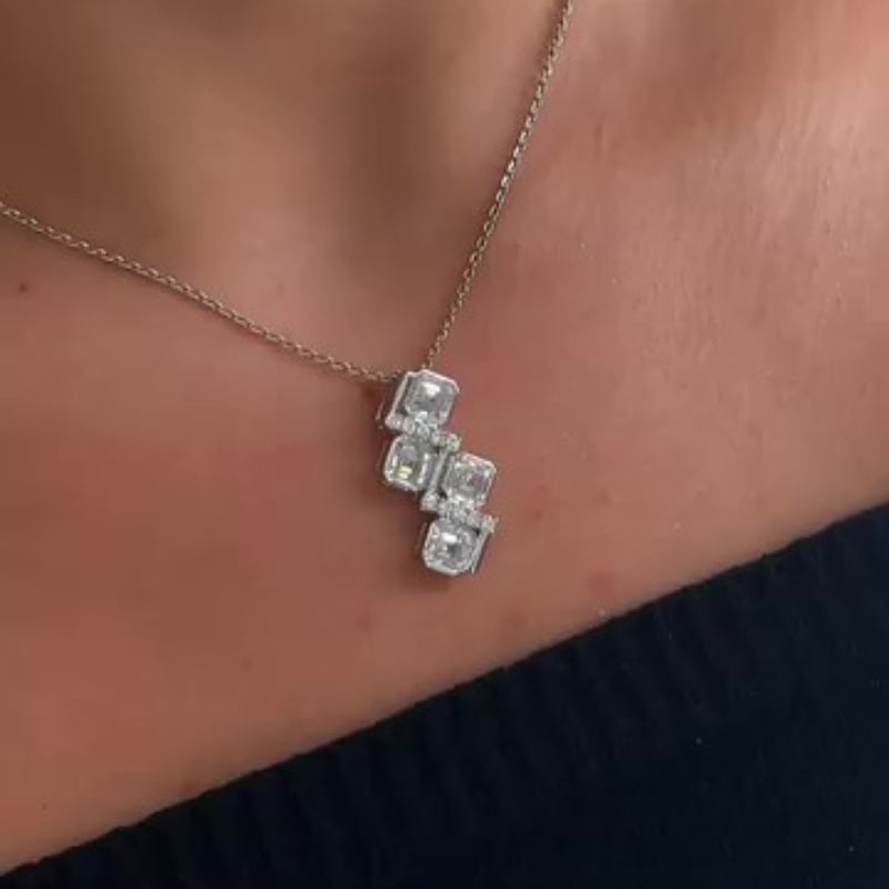 Jzora handmade white sparkling asscher& round cut sterling silver necklace