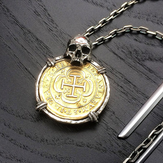 Jzora handmade gothic skull & medieval gold coin pendant vintage cross insignia design necklace