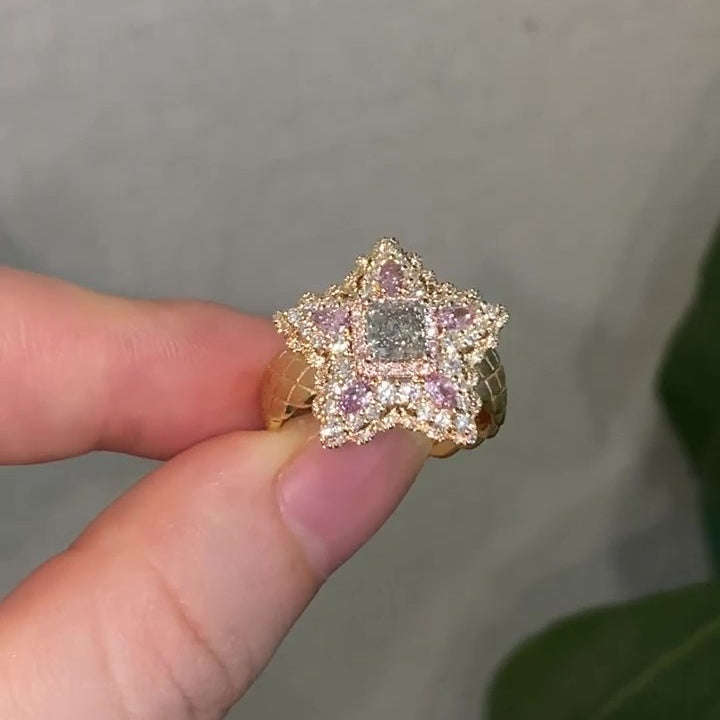 Jzora handmade luxury star design pink & white CZ sterling silver ring