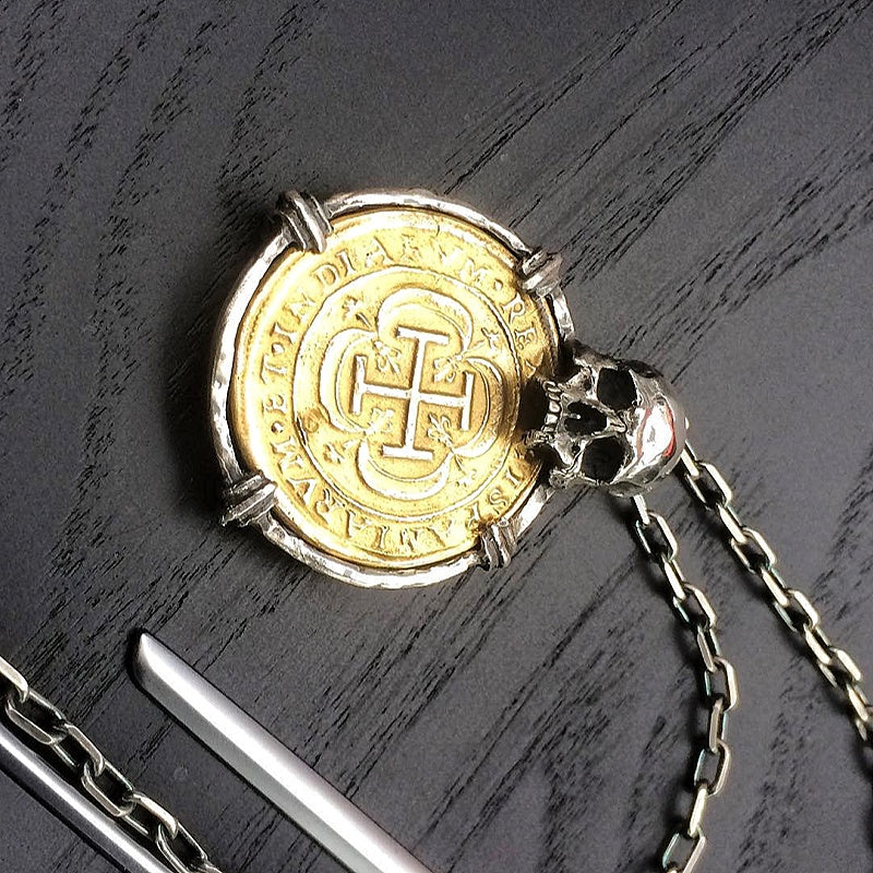 Jzora handmade gothic skull & medieval gold coin pendant vintage cross insignia design necklace