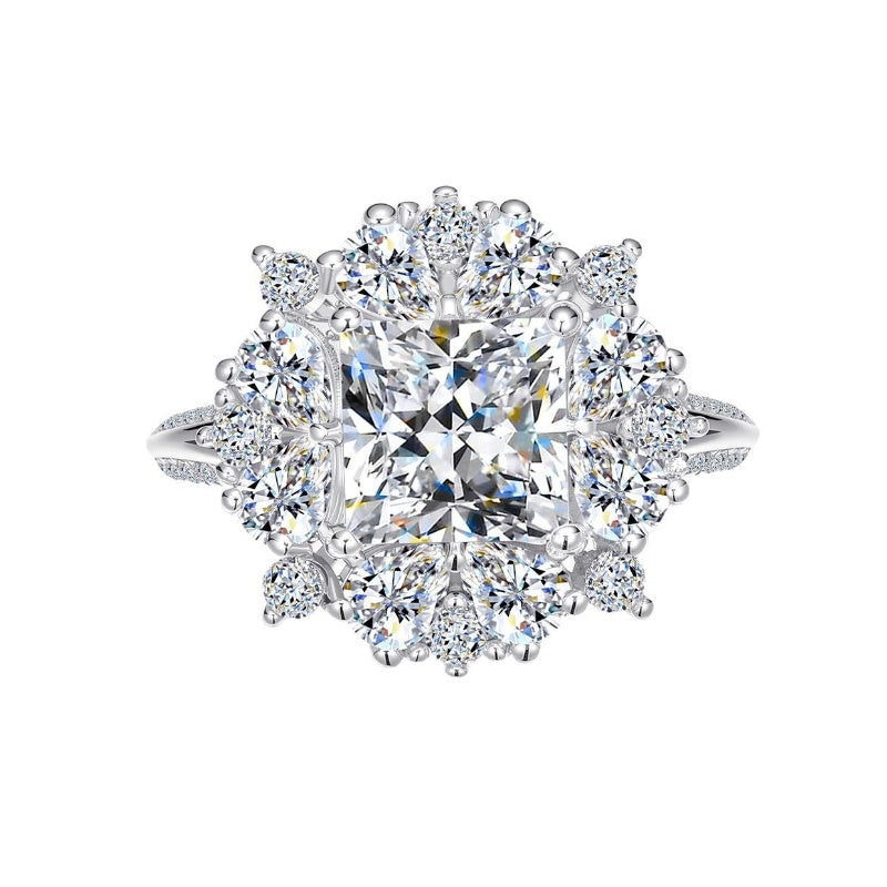 Jzora handmade 2ct princess cut moissanite floral-inspired halo sterling silver ring