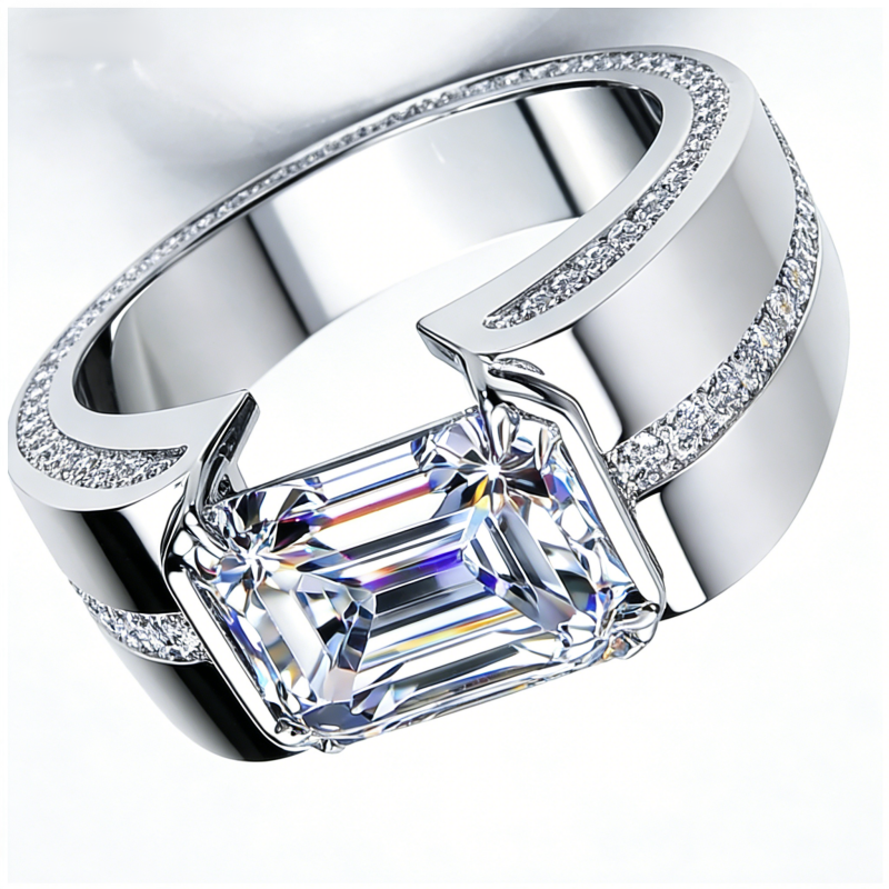Jzora handmade precision-set 3ct emerald-cut statement men's band ring