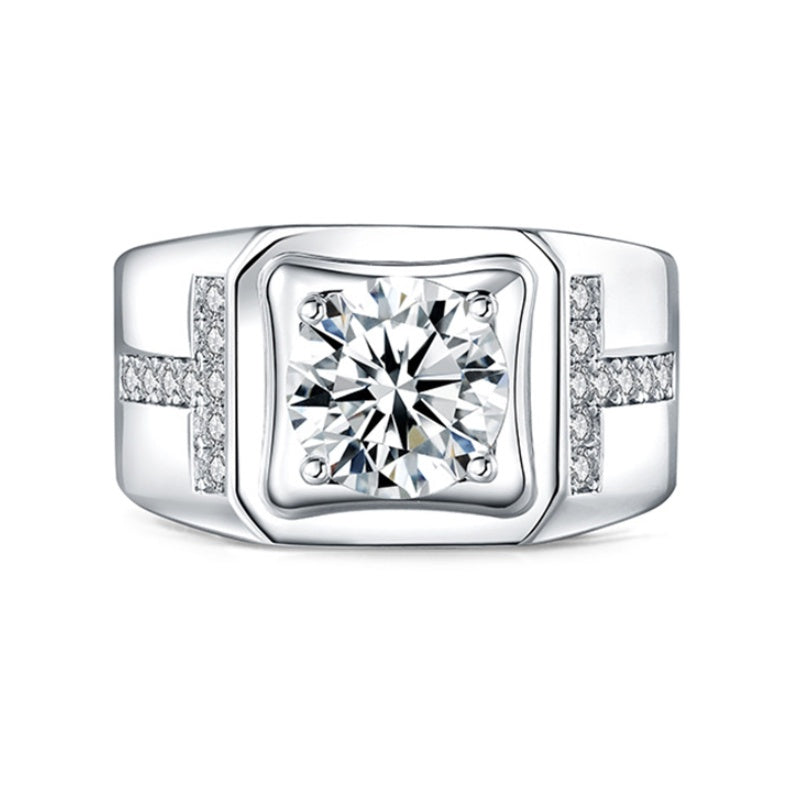 Jzora handmade 2ct round cut moissanite bold classic T initial design sterling silver men's band