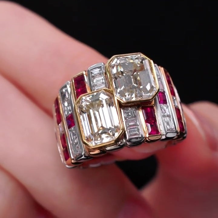 Jzora Handmade Ruby Emerald&Radiant Cut Glamorous Ring