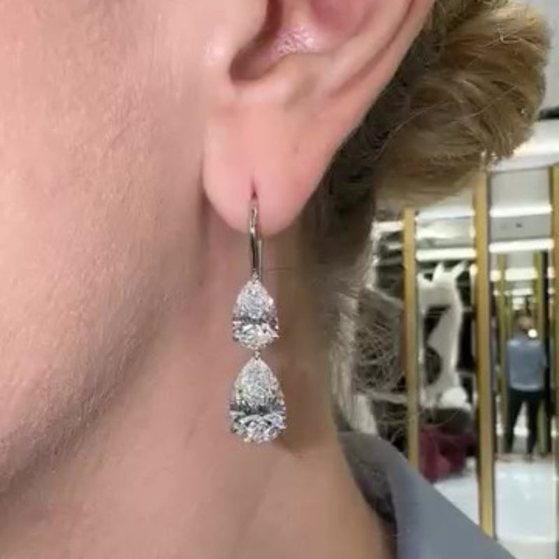 Jzora handmade exquisite pear-cut double-drop sterling silver earrings