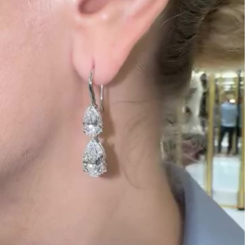 Jzora handmade exquisite pear-cut double-drop sterling silver earrings